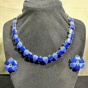 Beautiful Vintage Double Blue Heart Thermoset Necklace & Earring Set